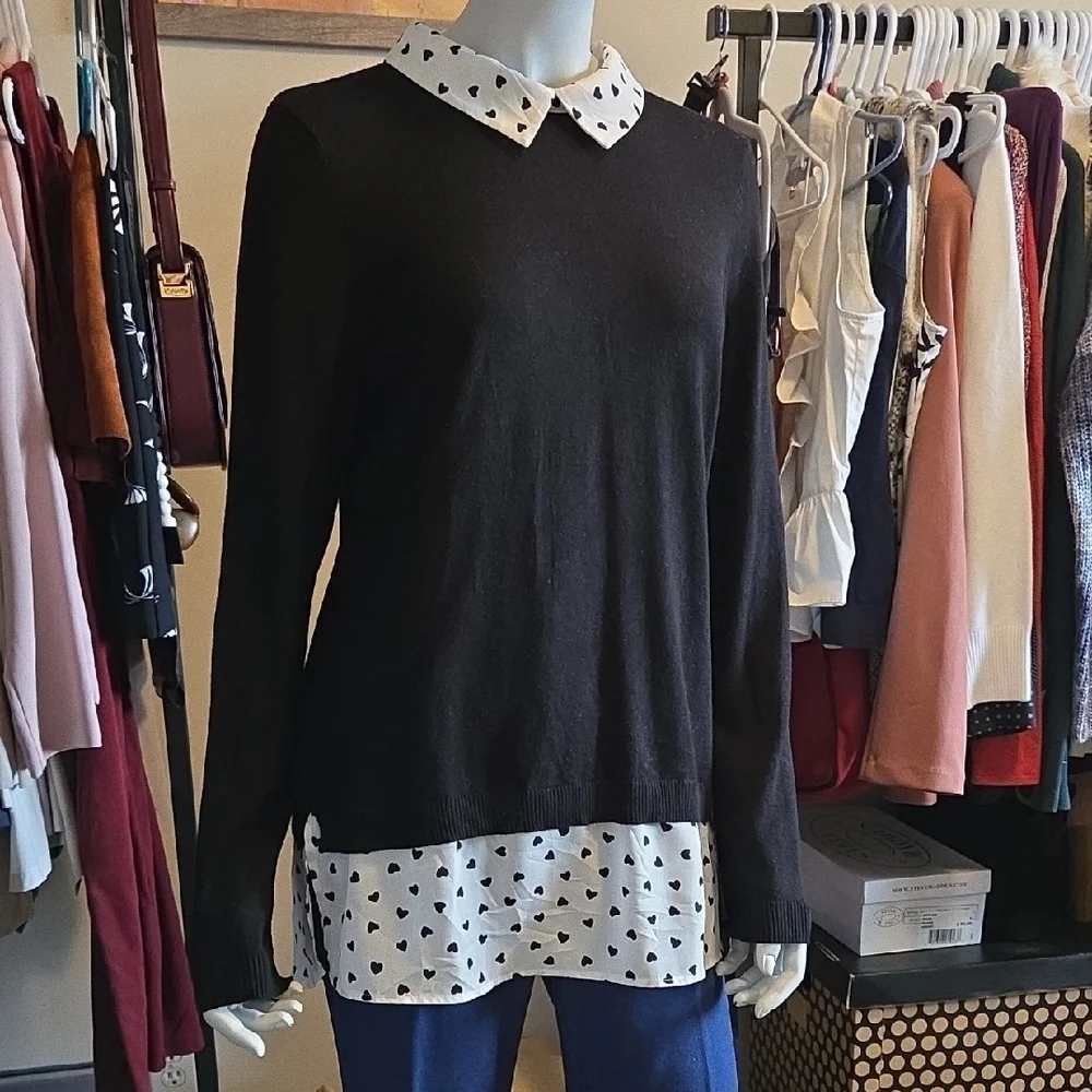 Adrianna Papell Black and White Heart Polka Dot Top w Button Back Collar - Picture 1 of 9